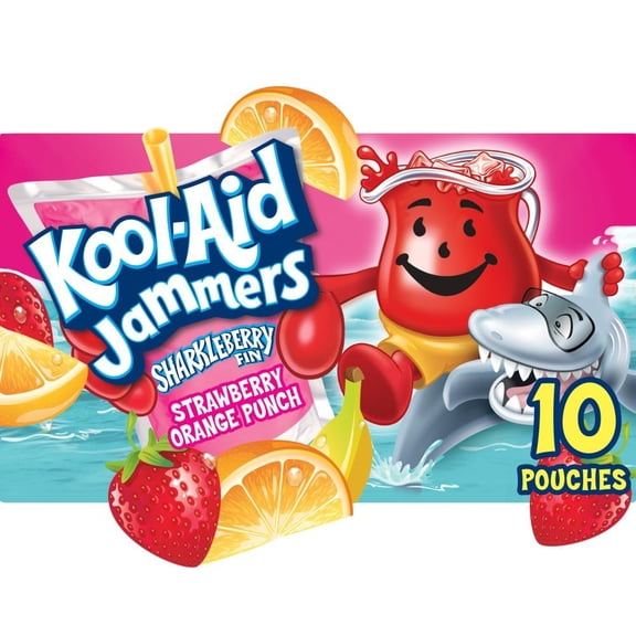 Kool-Aid Jammers Sharkleberry Fin Strawberry Orange Punch Flavored 0% Juice Drink, Box, Pouches 10 ct - Pack of 3