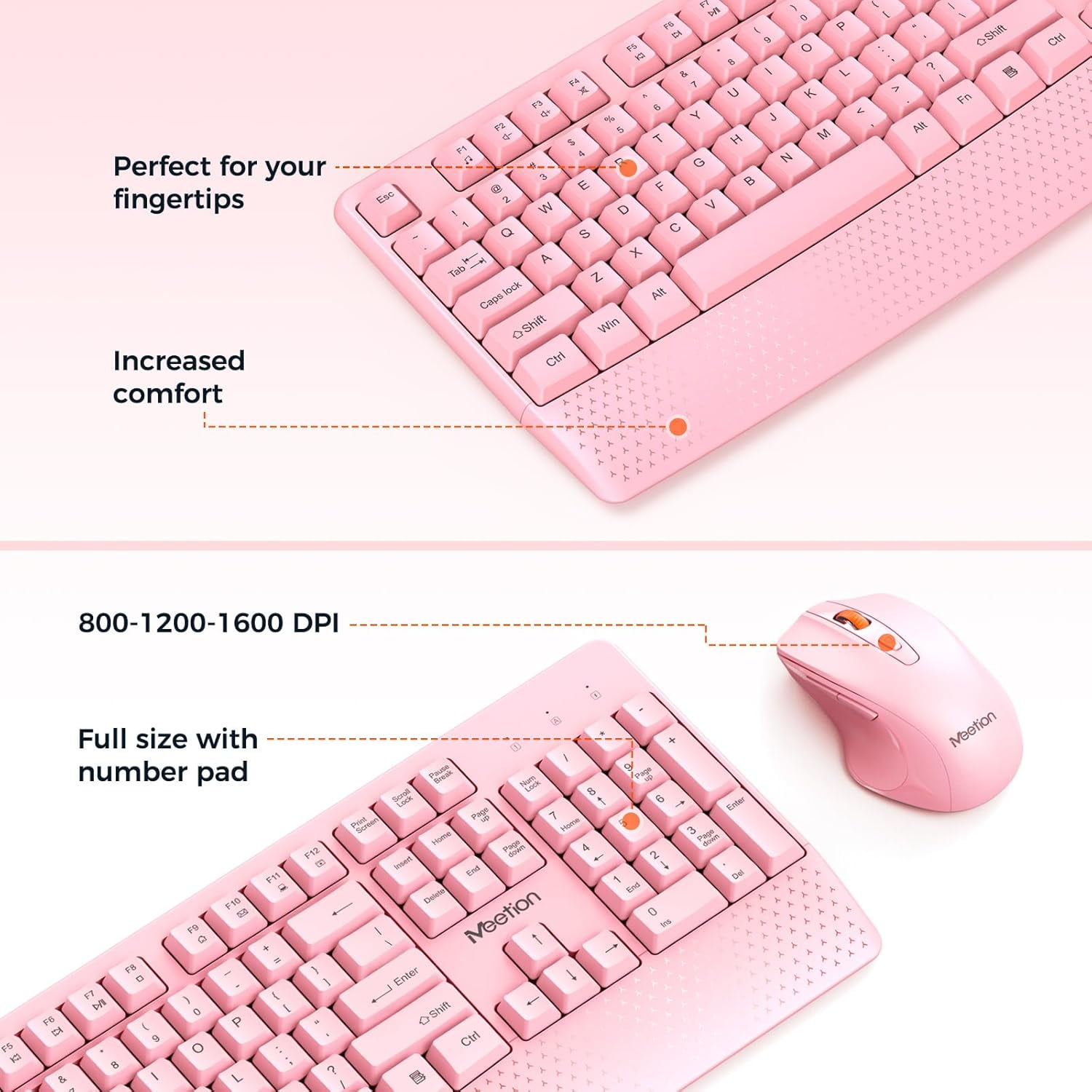 Wireless Keyboard and Mouse, Full-Sized Cordless Keyboard with Wrist Rest and 3 DPI Adjustable Mouse, 2.4G Wireless, Compatible with PC/Computer/Laptop/Windows/Mac, Pink