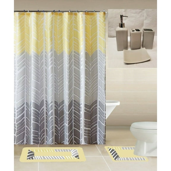 Luxury Bathroom accessories set package includes: 2 rugs mat non slip, 1 shower curtain with 12 hooks and 4 piece ceramic accesories print design sonia yellow