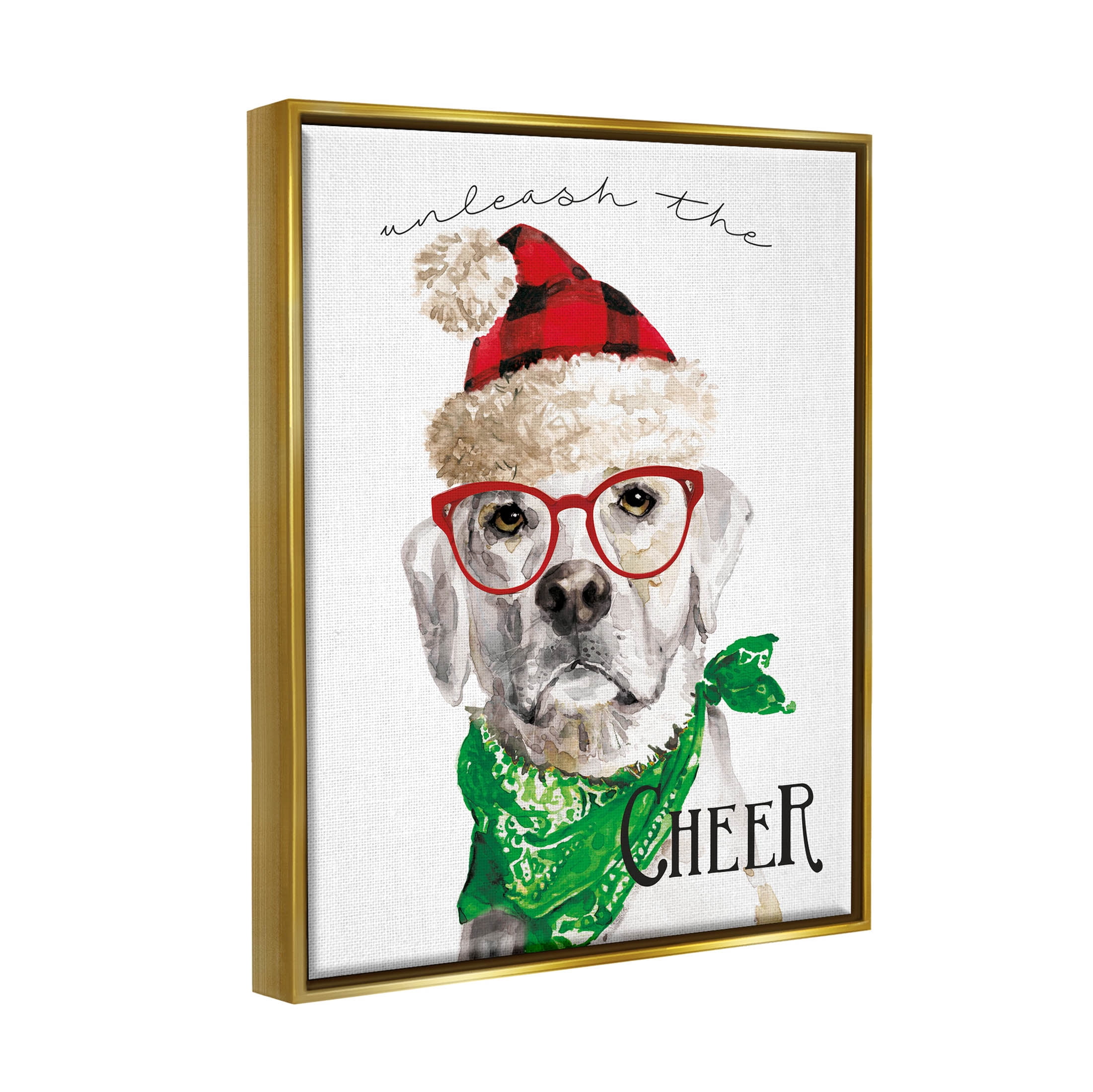 Stupell Industries Unleash The Cheer Holiday Dog Graphic Art Metallic Gold Floating Framed Canvas Print Wall Art, Design by Livi Finn
