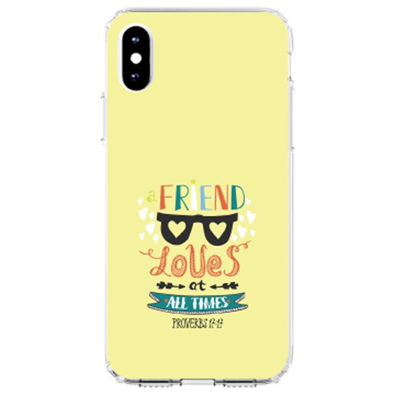 DistinctInk Clear Shockproof Hybrid Case for iPhone XS Max (6.5" Screen) - TPU Bumper, Acrylic Back, Tempered Glass Screen Protector - Proverbs 17:17 - A Friend Loves at All Times