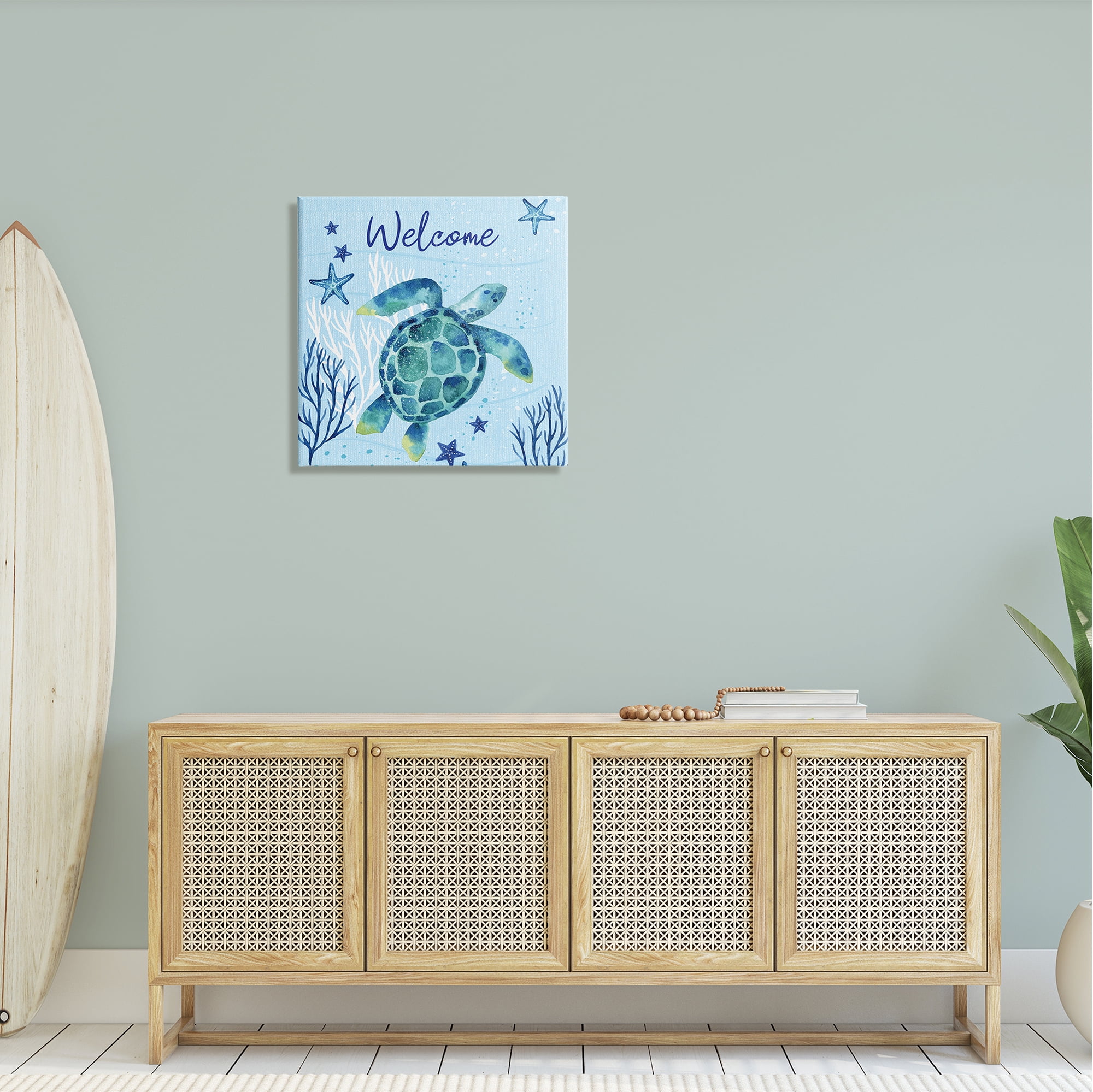 Stupell Industries Welcome Sign Sea Turtle Swimming Ocean Life Graphic Art Gallery Wrapped Canvas Print Wall Art, Design by Sharon Lee