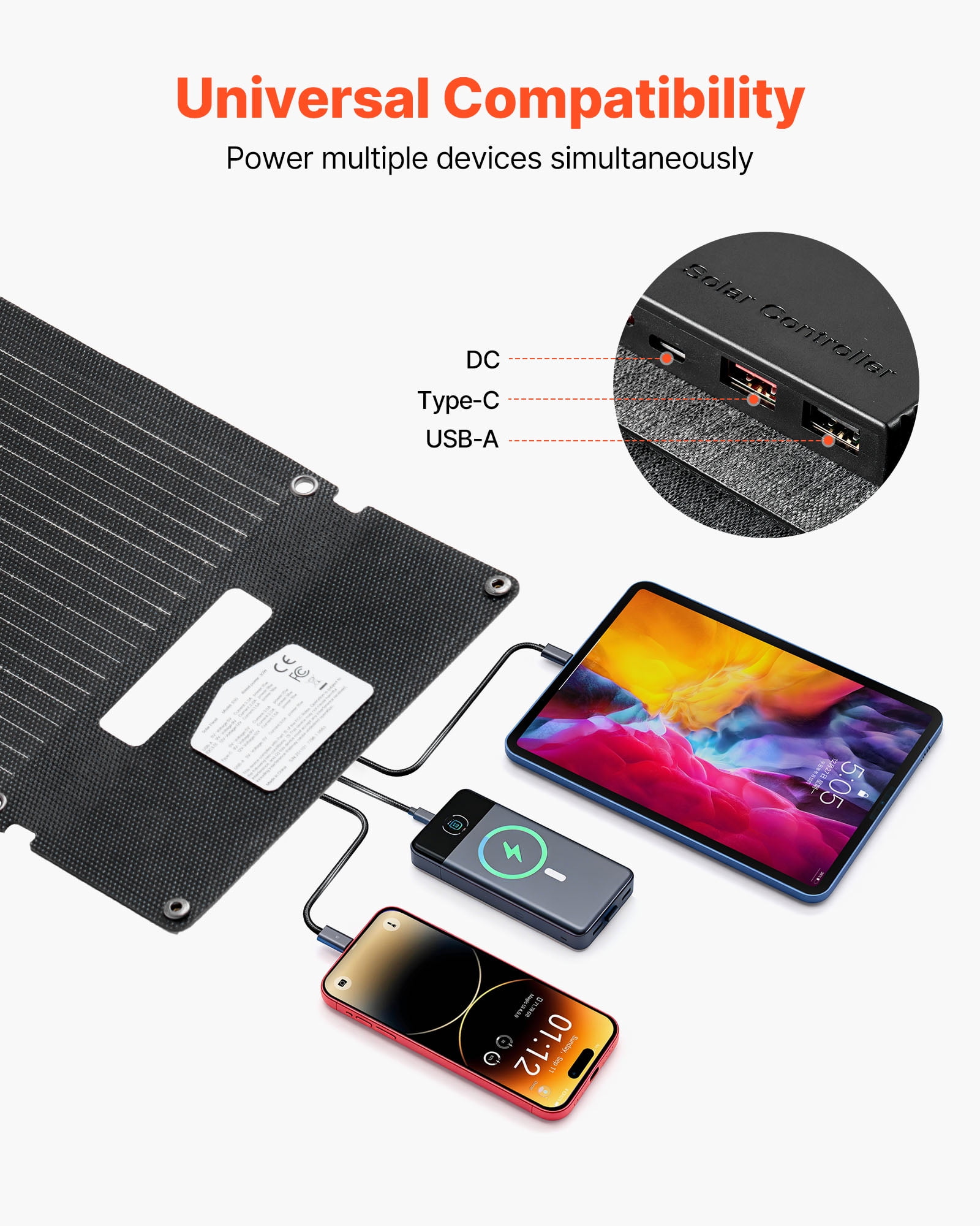 VEVOR 30W Foldable Solar Panel Charger, 16BB N-Type Monocrystalline Solar Panel 24% Efficiency, Ultra-Light Portable with USB-A, USB-A (QC3.0) & Type-C Ports for Camping, Backpacking, Phones, Tablets