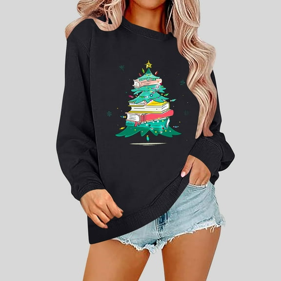 Wancir Christmas Sweatshirts Women Funny Xmas Trees Graphic Long Sleeve Crewneck Shirt Winter Tops Loose Casual Pullover