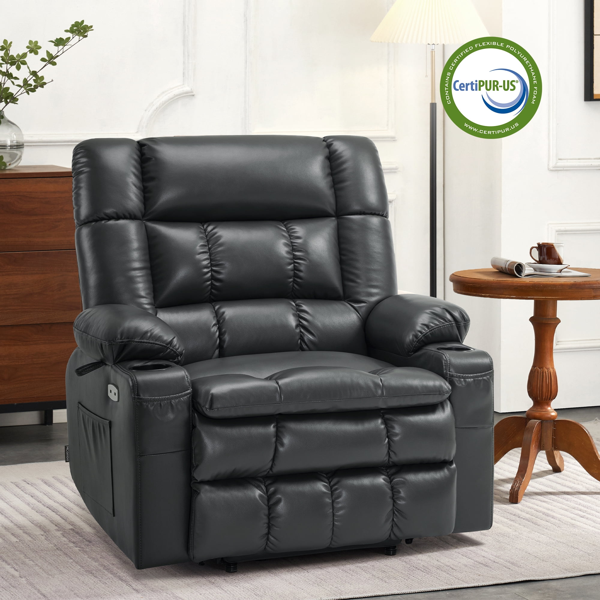 MCombo Small Dual Motor Power Lift Recliner Chair Sofa with Massage and Heat for Elderly People, Infinite Position, USB Ports, Faux Leather R7894 (Black, Small-Wide)