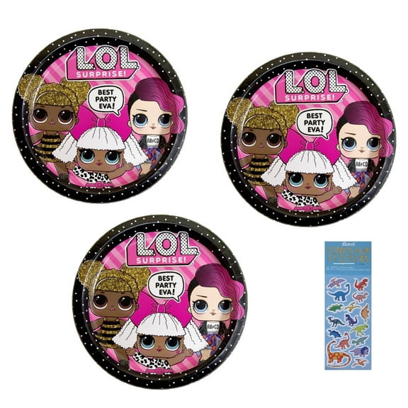 LOL Surprise Birthday Party Supplies Bundle includes 24 Paper Plates 9", 1 Dinosaur Sticker Sheet