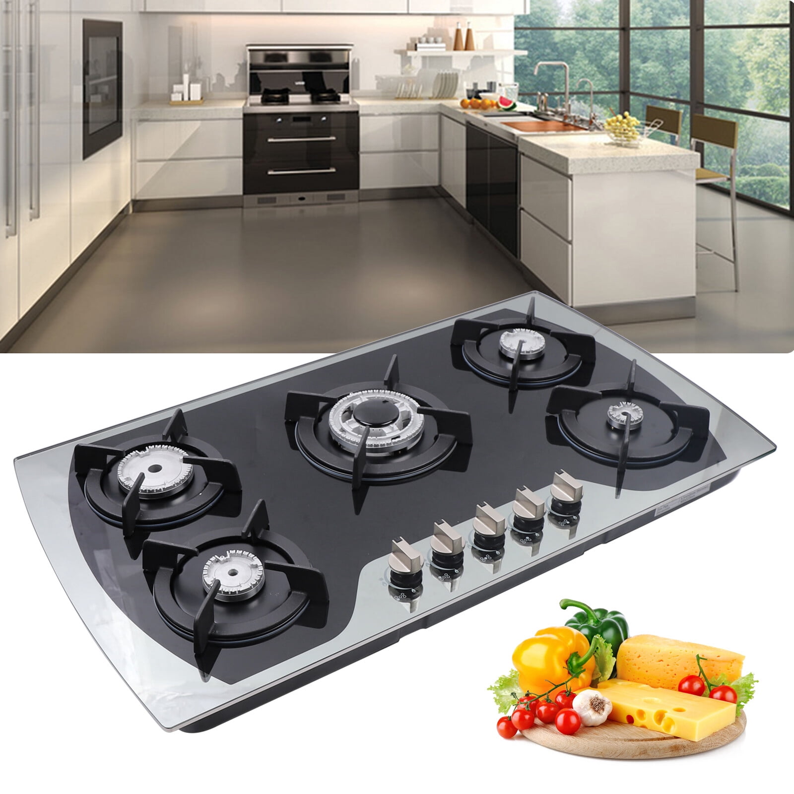 Black&Silver 2000Pa 90*51*6cm Burners Gas Stove Built-In Gas Cooktop Stainless Steel Natural Gas Propane