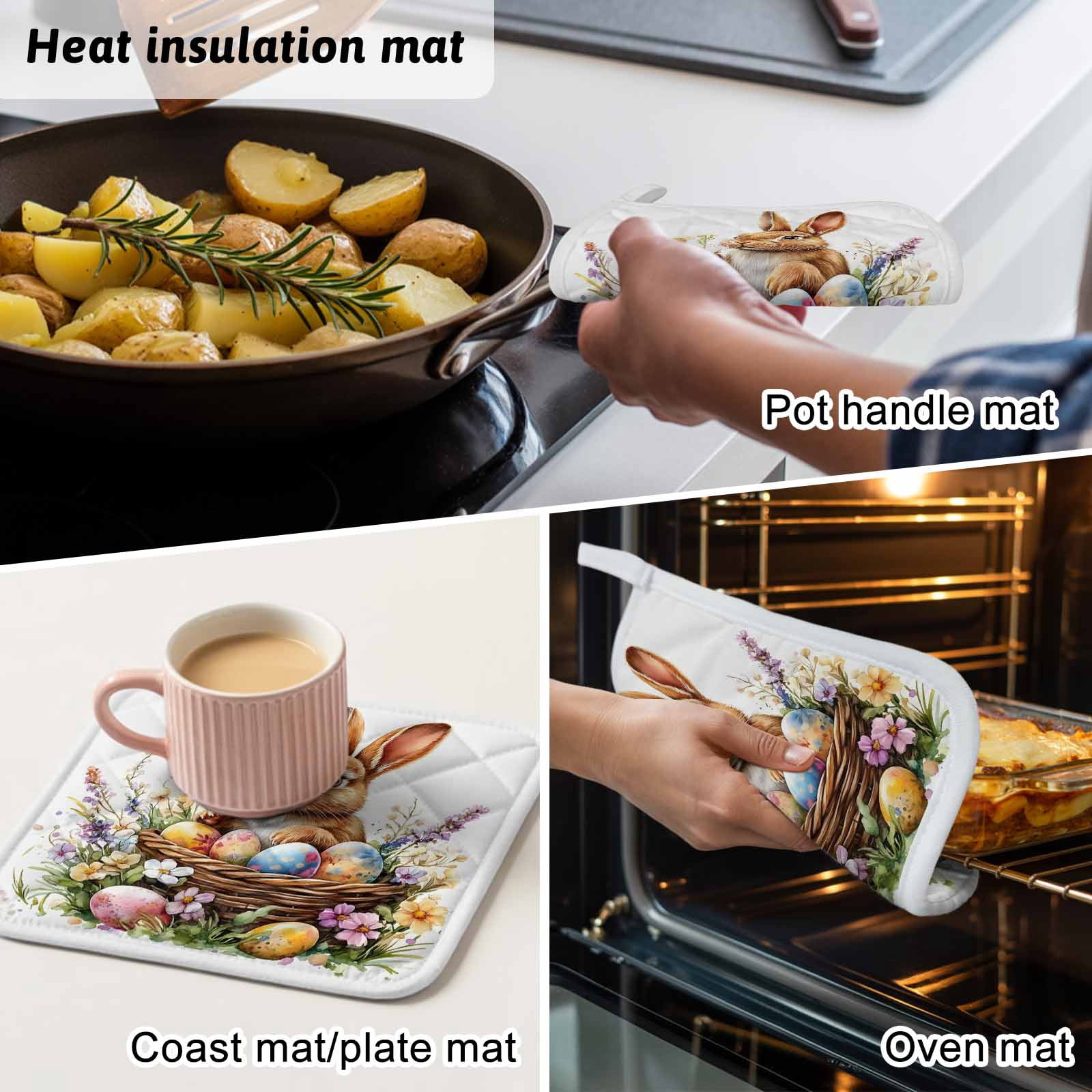 Spring Easter Pot Holders for Kitchen Heatproof Potholder, 4 Pack Colorful Eggs Bunny Botanical Floral Hot Pads Multipurpose Oven Pads Cloth Potholders Trivet for Cooking and Baking