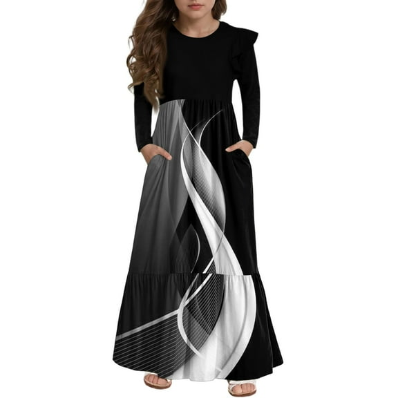Abcomgle Girls Maxi Dresses 7-8 Casual Patchwork Ruffle Long Sleeve Girls Long Dresses Striped Crew Neck Sundresses Beach Tiered Dresses with Pockets,11-12 Years Black