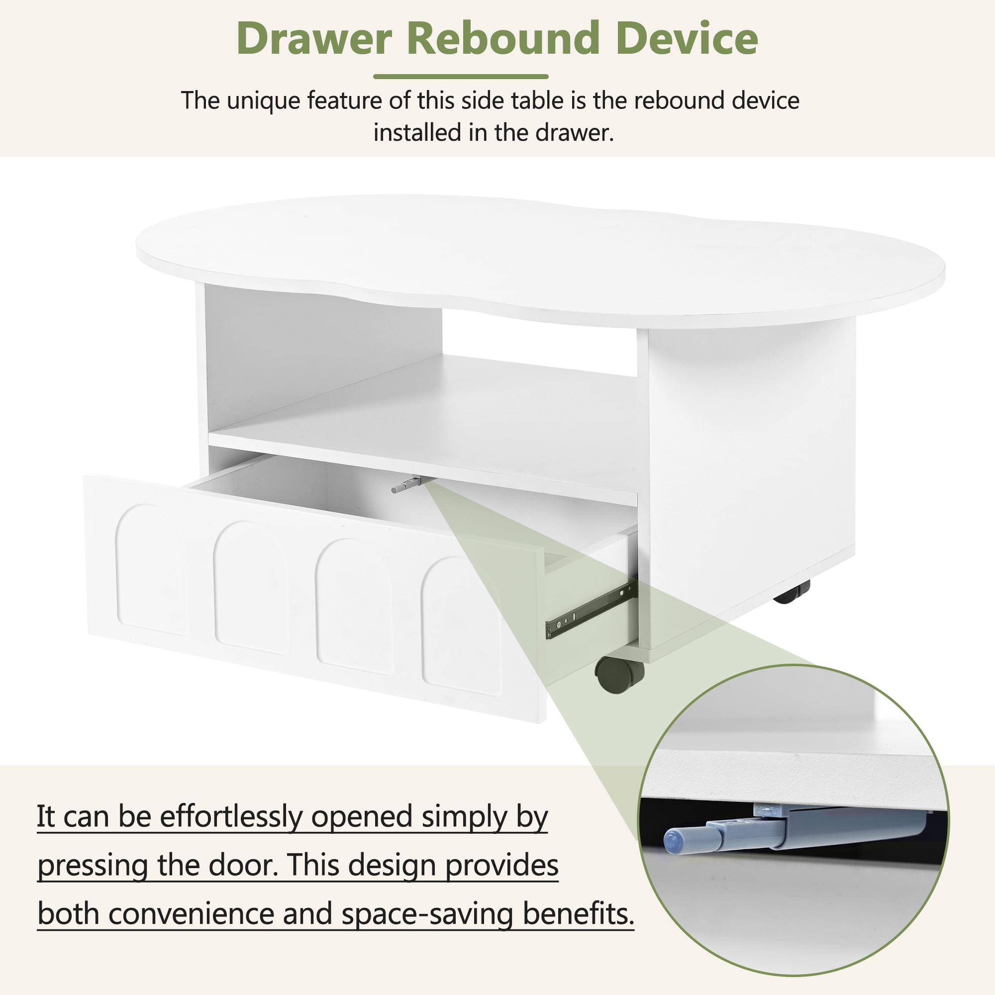 MAYEERTY Flexible Cream Style Coffee Table with 2 Brake Wheels, Cloud Top Side Table with Drawer, Irregular Center Table with Large Storage for Living Room, White, 39.37''x 23.6''