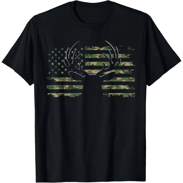 Camuflaje Bandera Americana con Antler de Venado en Playera para Mujer Talla Extra Grande Negra