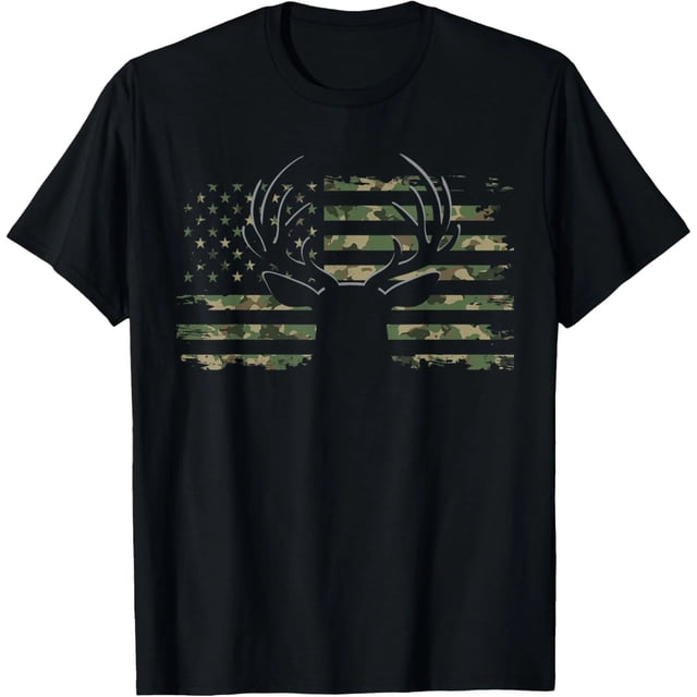 Camuflaje Bandera Americana con Antler de Venado en Playera para Mujer Talla Extra Grande Negra
