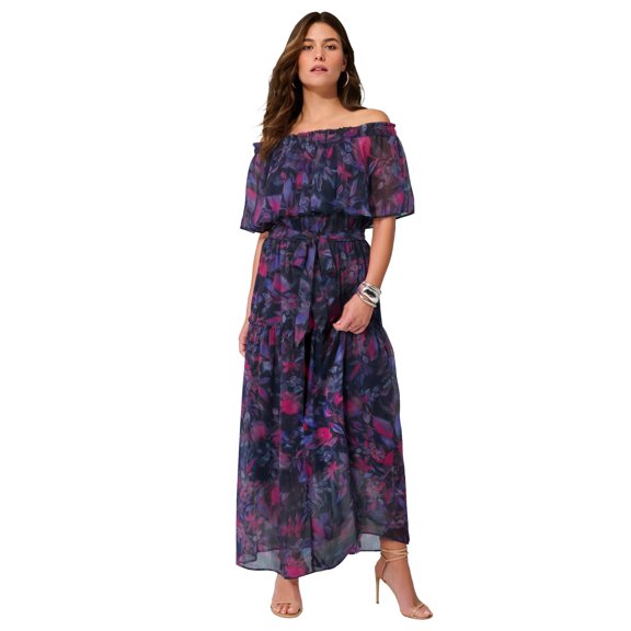 Roaman's Women's Plus Size Chiffon Off-The-Shoulder Maxi Dress