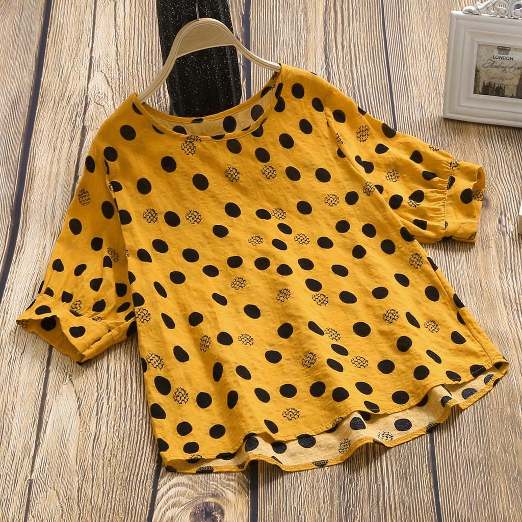 Women's Loose Casual Short Sleeve Top Yellow Polka Dot T-Shirt  Blouse(226ya7b)