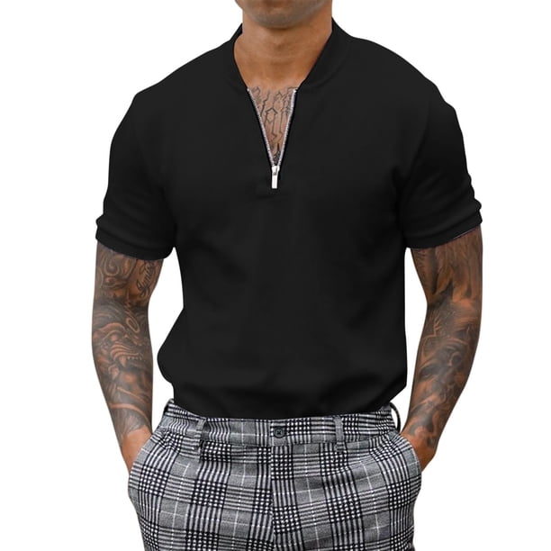 Blusa de manga corta con cuello alto y cremallera para hombre - Camisa informal de poliéster liso - Oficina/cita/fiesta de verano