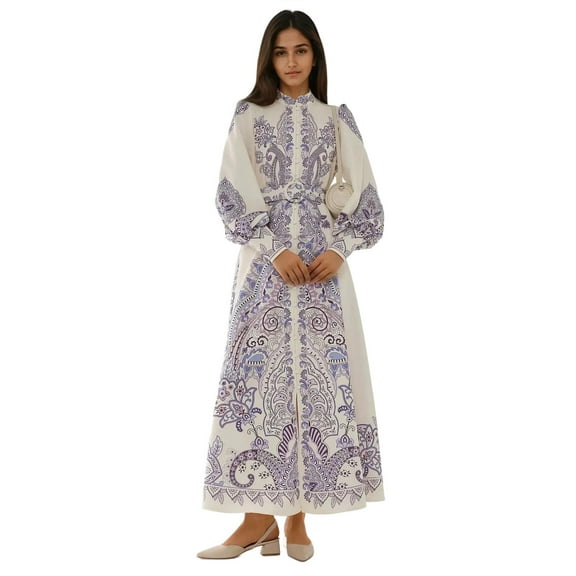 Printed Long Sleeve Maxi Dress with Belt
