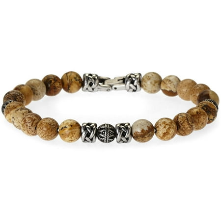 Men's Genuine Jasper Stainless Steel Bead Bracelet, 8.5