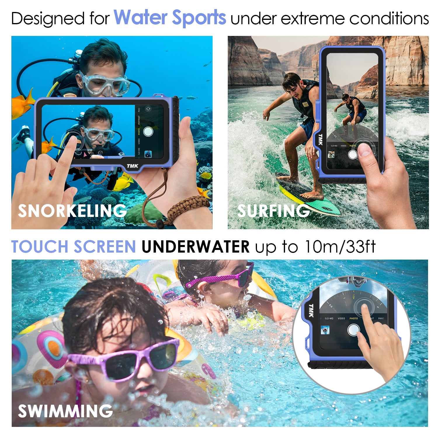 10m/33ft Waterproof Universal Snorkeling Phone Case for iPhone 16/15/14/13/12/11 Pro Max/XS/XR/Samsung S25/S24/S23/S22/S21/A Series Support Touch Screen Diving Swimming Surfing Housing(Blue)