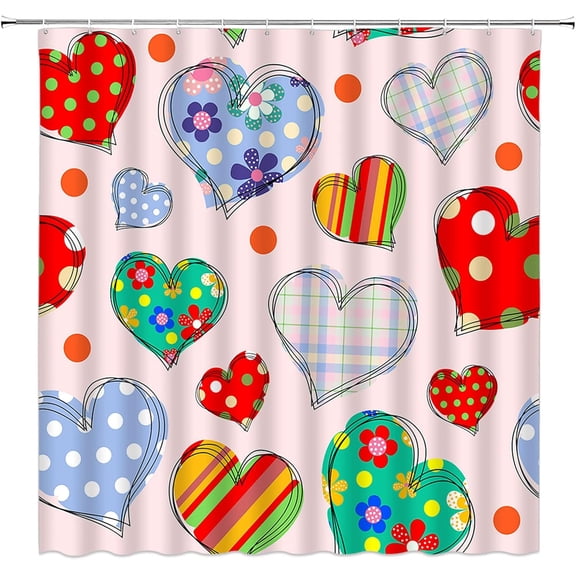Valentine''s Day Shower Curtain Colorful Love Heart Boho Flower Polka Dot Plaid Romantic Sweet Couple Holiday Fabric Bathroom Decor Curtains with Hooks,Red Blue Pink
