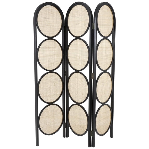 DecMode 55" x 71" Black Wooden Geometric Handmade Arched Foldable 3 Panel Room Divider Screen with Woven Cutouts, 1-Piece