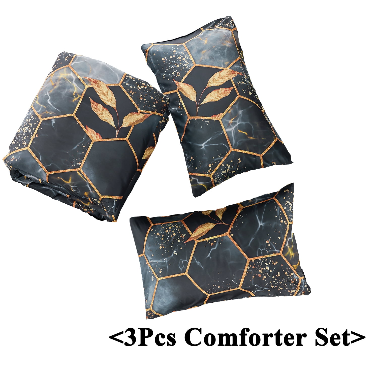 RYNGHIPY 3-Piece Black Comforter Set Full Size Honeycomb Hexagon Bedding Sets Black Gold All Season Marble Bed Set Full Down Alternative (Black Full)