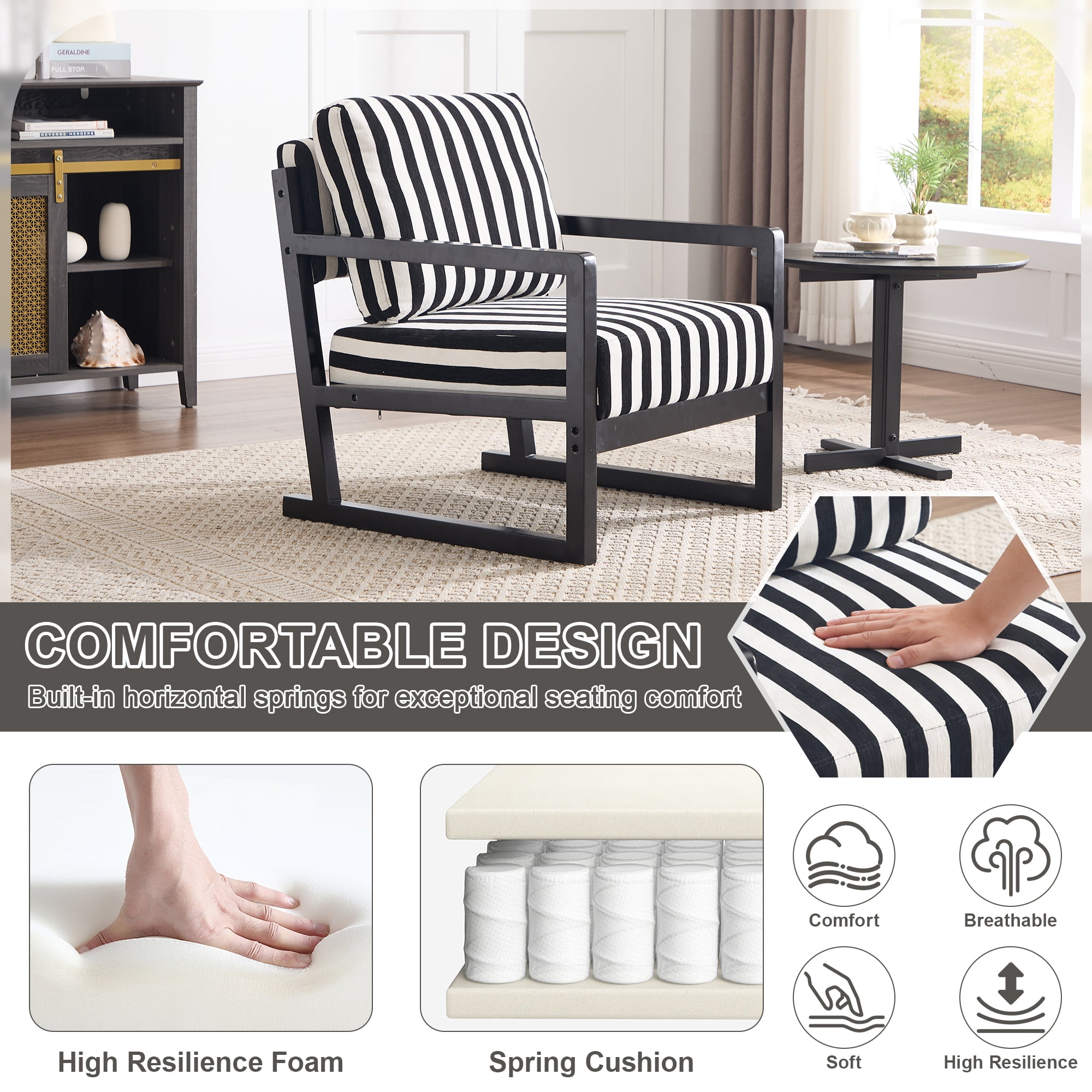Leumius Modern Fabric Lounge Chair, Single Sofa Chair with Armrests, Upholstered Lounge Chair with Wooden Frame, Suitable for Living Room Bedroom Study,Black and White Stripes