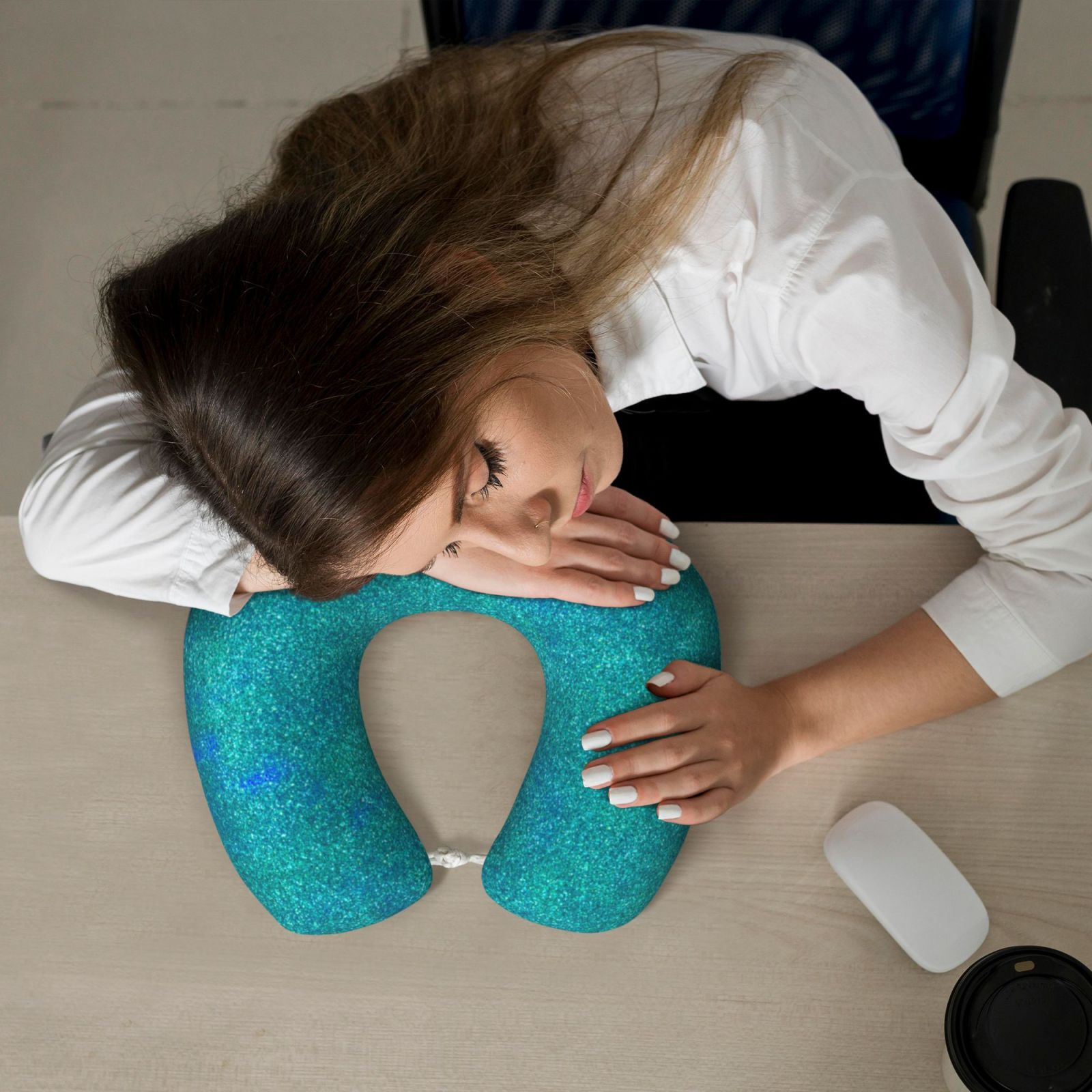 Xecao Blue Green Glitter Print Memory Foam Cervical Neck Pillow Versatile U-Shaped Pillows for Home,Office,Camping,Travelling,Soft Washable Cover