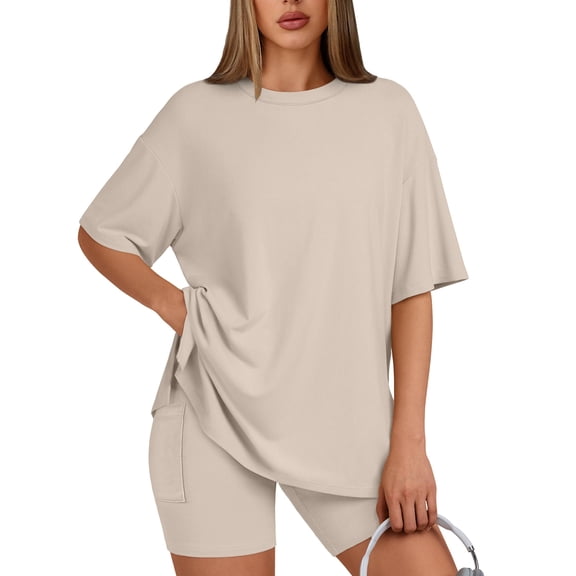SUNBS Two Piece Lounge Set for Women Outfit Sets Casual Oversized Shirts Biker Shorts Matching Sets