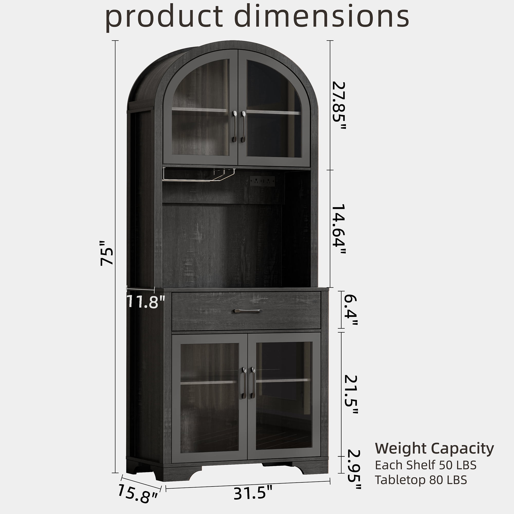 75" Tall Pantry Hutch with Charging Station and Microwave Stand, Kitchen Cabinets Hutch Cupboard for Kitchen, Dining Room, Black