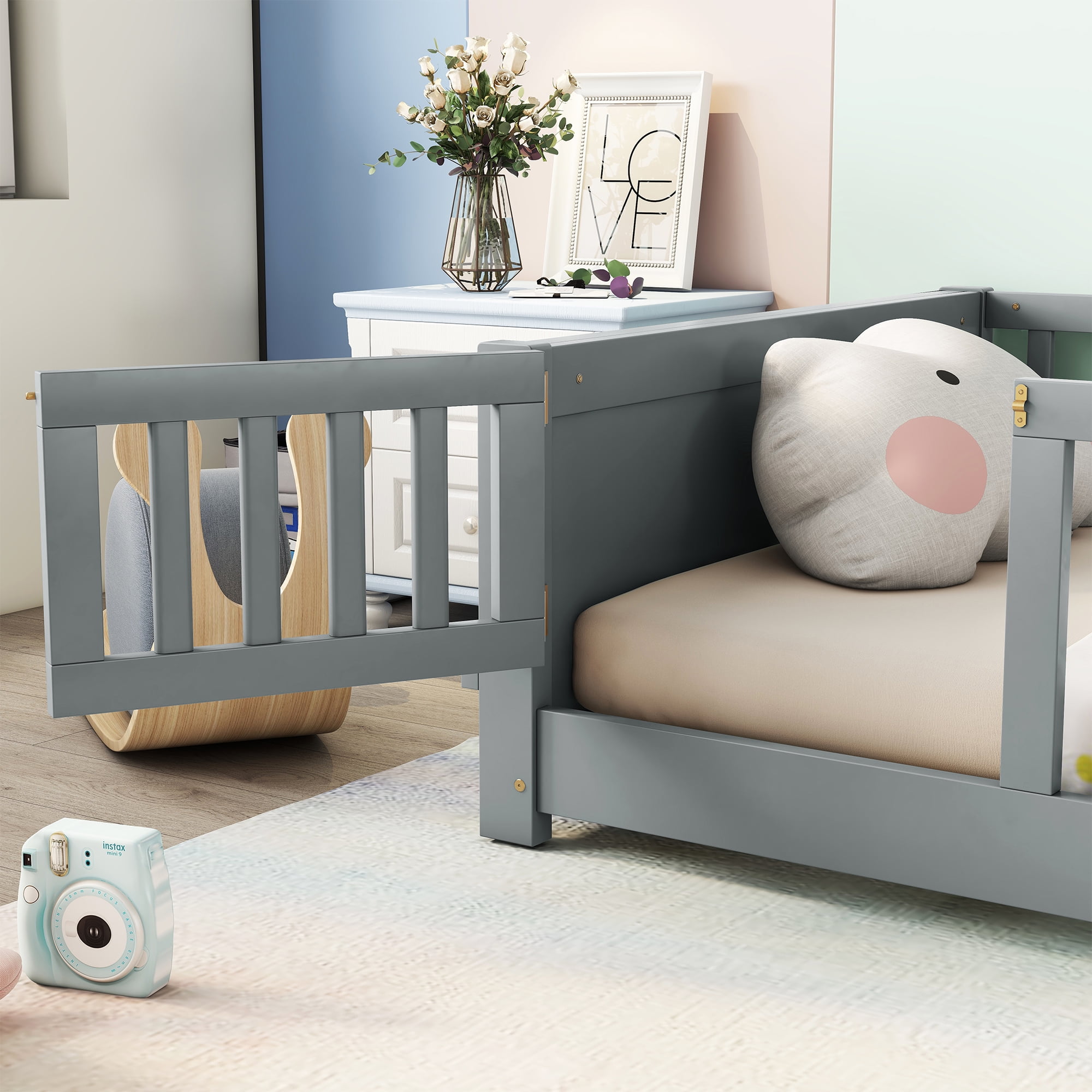 Miniyam Floor Bed, Twin Size Platform Bed Frame with Built-in Book Storage Rack, Door, Gray