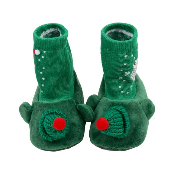 PINQI Unisex Child Flat Sole Shoes Christmas Booties Soft Baby Santa Winter Warm Slippers Snow Boots Crib Shoes for Indoor Outdoor House Shoes Bedroom Slippers(Green,12-18 Months)