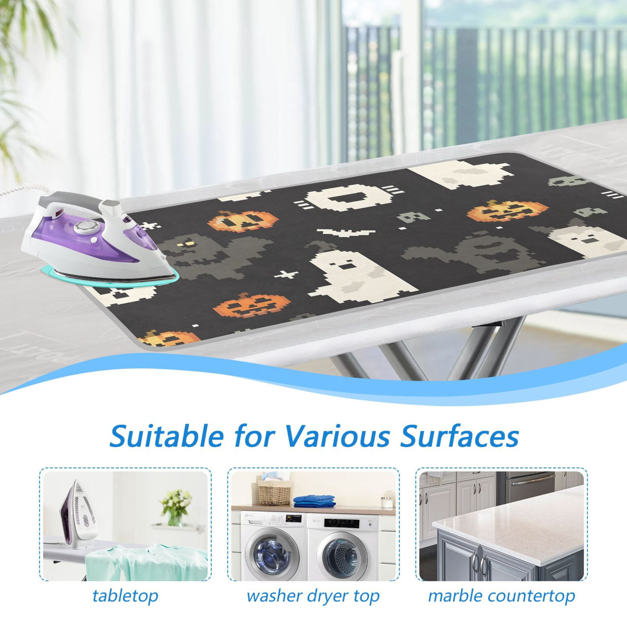 Halloween Pumpkins Bats Shadows Pixel Style Ironing Mat Blanket Portable Travel Ironing Pad Heat Resistant Pad 47.2" x 27.6”