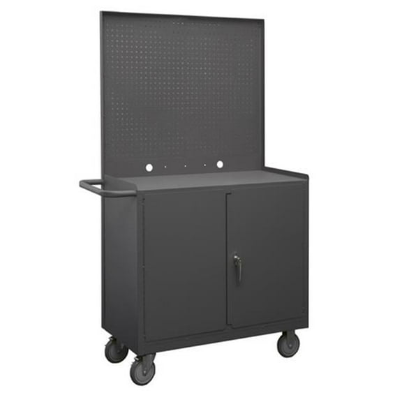 Durham 2210A-PB-LU-95 16 Gauge Tubular Push Handled Lockable Cart with 3 Shelves & 4 Drawers, Gray - 36 x 18.25 x 67 in.