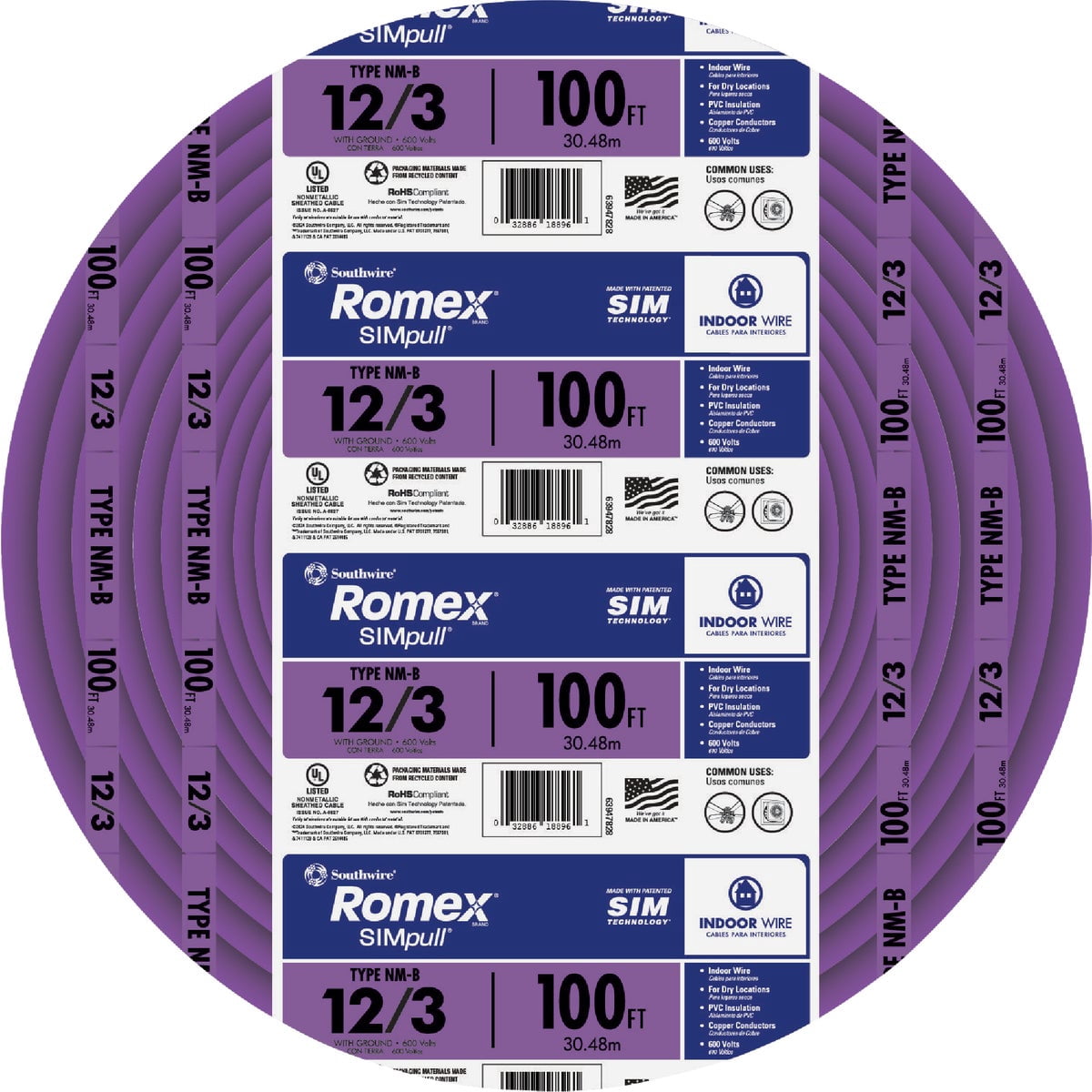 Southwire 63947828 100 ft. 12-3G NM-B Copper Building Wire, Purple