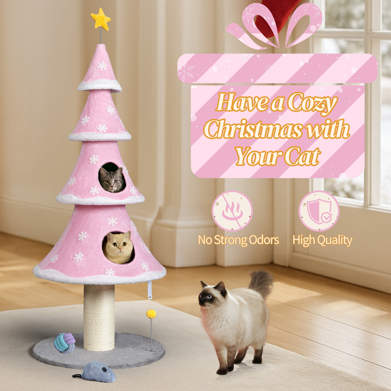 Zephypaws 59" Pink Cat Tower with 2 Private Condos, Plush Fleece Surface, Sisal Scratching Post, Dangling Play Toy, Solid Round Base & Tree-Inspired Multi-Level Design for Indoor Cats