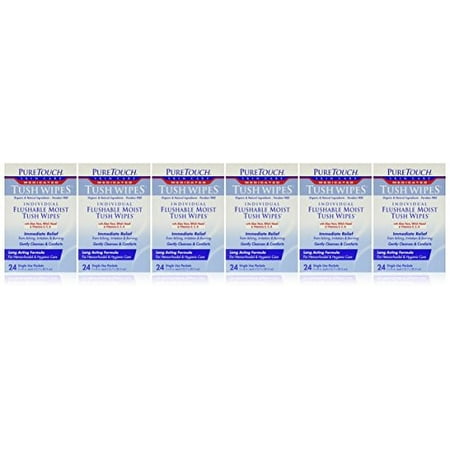 PureTouch MEDICATED Tush Wipes for adults 24 Individual Flushable Moist Wipes/ 6 boxes144 Single-Use-Packets