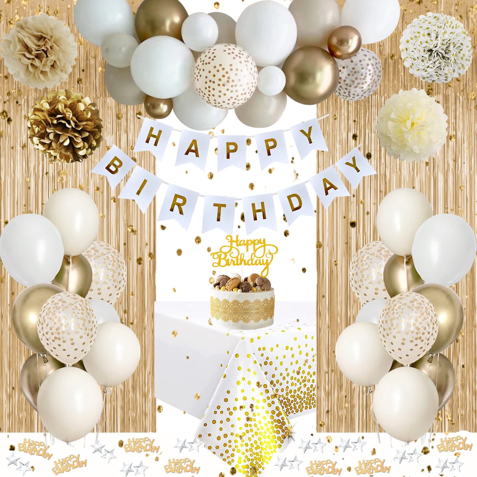AYUQI Sand White Gold Birthday Party Decorations for Boy Girl Men Women,  Beige Birthday Balloons with Happy Birthday Banner, Paper Pompoms, Fringe