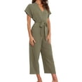 thumbnail image 3 of Seyurigaoka Women Summer V-neck Belted Jumpsuit, Solid Color Front Button Short Sleeve Siamese Trousers Wide Leg Ninth Pants with Pocket, 3 of 7