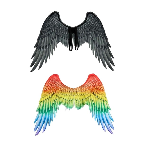 2 alas de ángel 3D para disfraz de carnaval, fiesta, accesorio con correa Negro y colorido