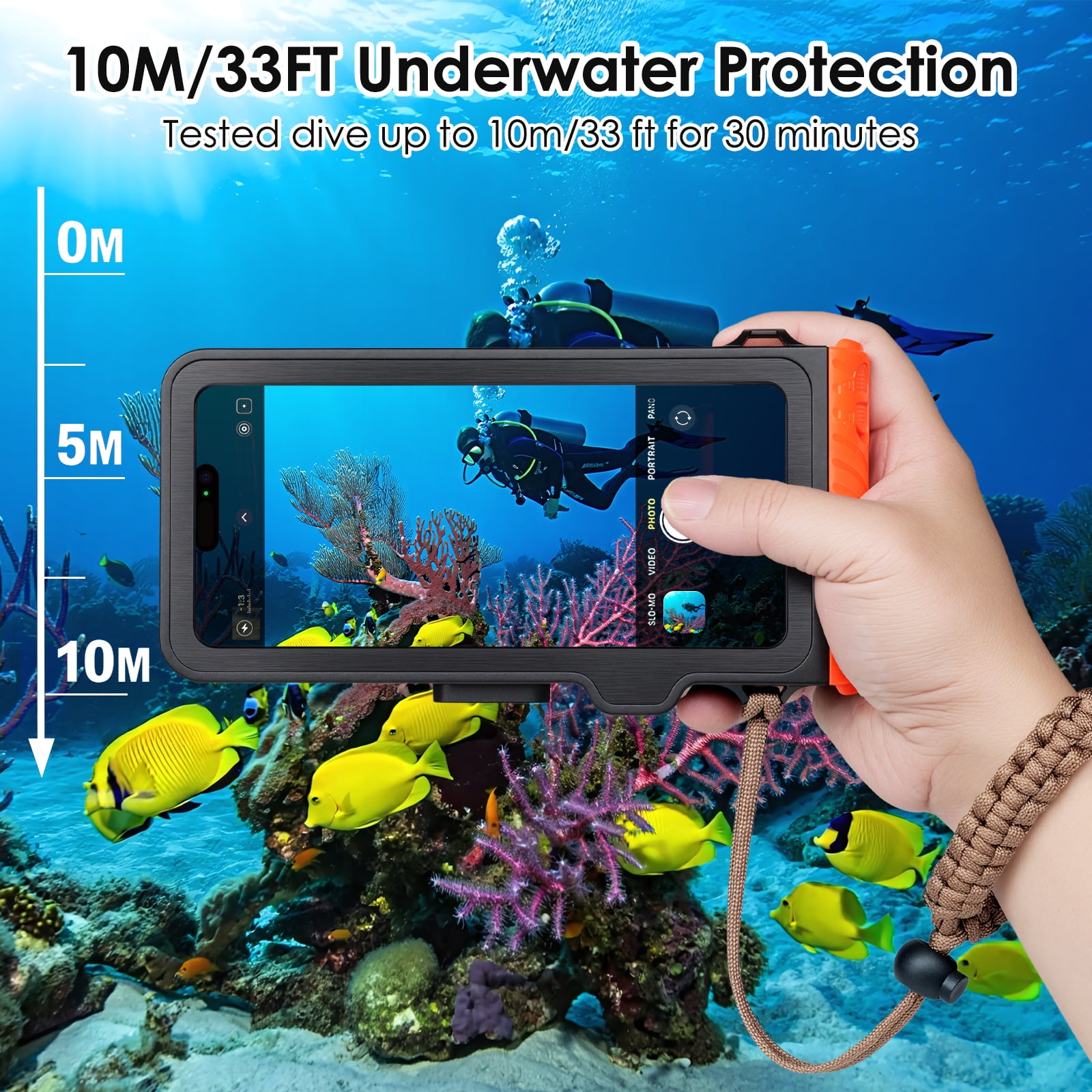 10m/33ft Universal IP68 Waterproof Diving Phone Case for iPhone 16/15/14/13/12/11 Pro Max/XS/Samsung S25/S24/S23/S22/S21 Ultra Snorkeling Touch Screen Scuba Housing Photo Video (Orange)