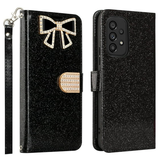 For Samsung Galaxy A53 5G / SM-A536 Case Wallet for Women with Card Holder & Powerful Magnetic Detachable Cover & Kickstand Wristlet Glitter Leather Wallet Case Black