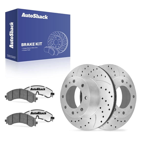 AutoShack Rear Vented Drilled & Slotted Silver Zinc Coated Brake Rotors   Ceramic Pads 6-PC Brake Kit Replacement for 2020-2025 Chevrolet Silverado 2500 HD SilverShield Pro 14.17" (359.8 mm)