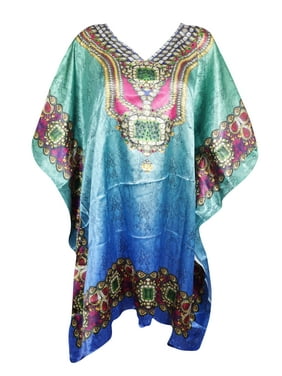 Mogul Women Blue Digital Print Caftan Dress Vibrant Prints Unique Holiday Cover Up Short Kaftan 3XL
