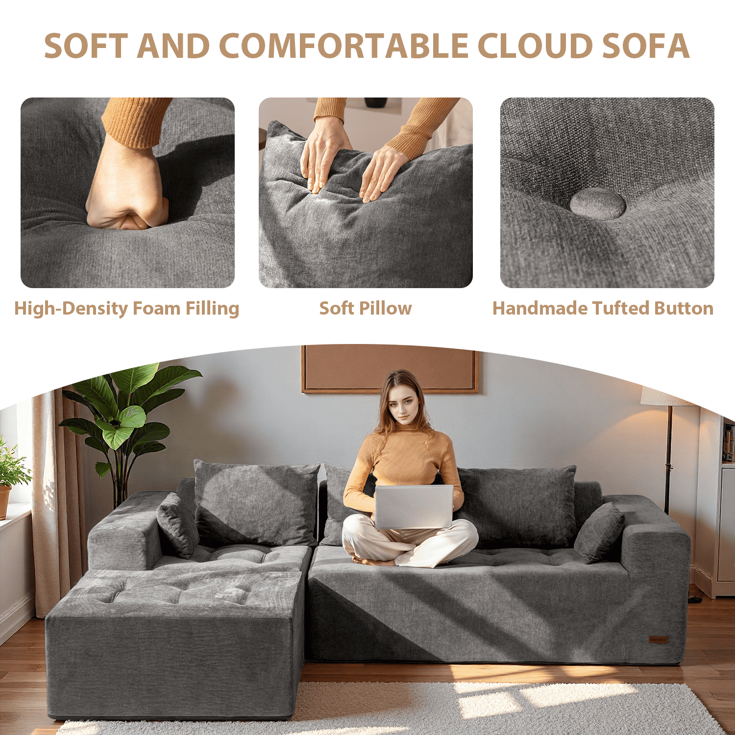 BYBYME Cloud Sectional Couch with L-Shape Chaise Modern Comfy Modular Chenille Sofa for Living Room,Tufted 4-Seat Sleeper Chair with 1 Ottoman,Sofa in A Box,No Assembly Required,Grey