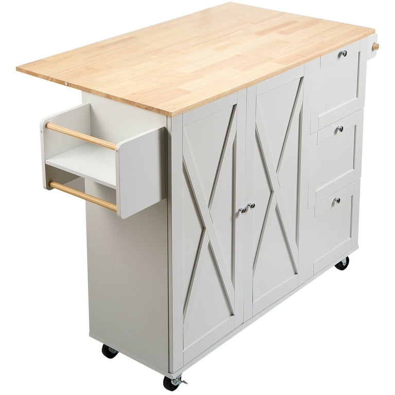 VEVOR Kitchen Island Cart with Solid Wood Top 45.3 Width Mobile Carts with Storage Cabinet Rolling Kitchen Table with Spice Rack Towel Rack Drop