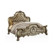 ACME Dresden Queen Bed in Bone Synthetic Leather & Gold Patina