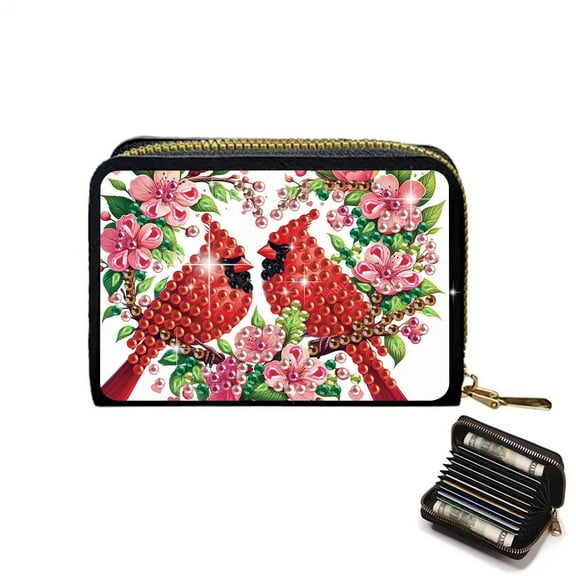 DIY Diamond Painting Kit Card Holder Red Bird Design Portable Card Slot Mini Wallet Creative Gift for Storing Bank Cards and Coins