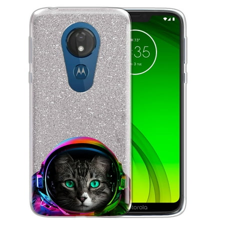 FINCIBO Silver Gradient Glitter Case, Sparkle Bling TPU Cover for Motorola Moto G7 Power, Astronaut (Best Case With Power Supply)