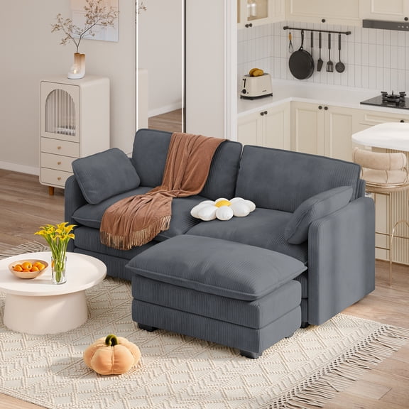 Loveseat Sofa with Ottoman, Lofka 2-seat sofa with 2 Pillows and Double Layer Cushions for Living Room & Small Spaces, Dark Gray