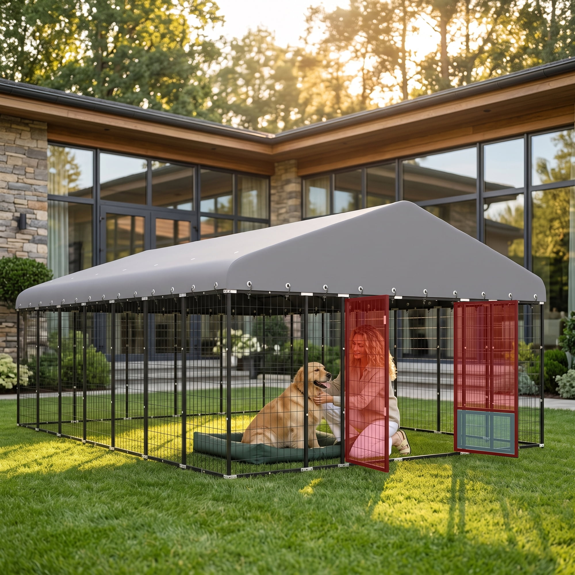 Sweecci 10x14FT Heavy Duty Outdoor Dog Kennel, Double Door Metal Dog Cage with 360° Feeding Door, Waterproof Roof, Secure Playpen for Large Dogs & Small Pets, Easy Assembly